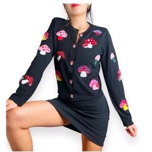 Alice Olivia Mushroom Embroidered Sweater XS Cottage Beaded Earthy Whimsy Nature